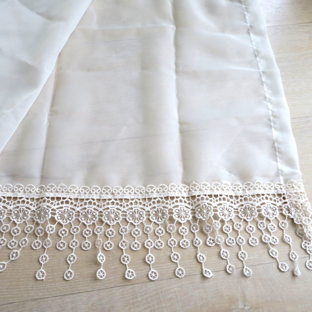 Pair of 2 Sheer Beige Curtain Panel with Intricate 4" Lace Trim 18" x 25"